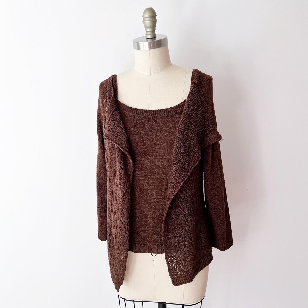 SIZE M/L Vintage Cardigan & Camisole Set Chocolate Brown Pointelle Knit Layered‎